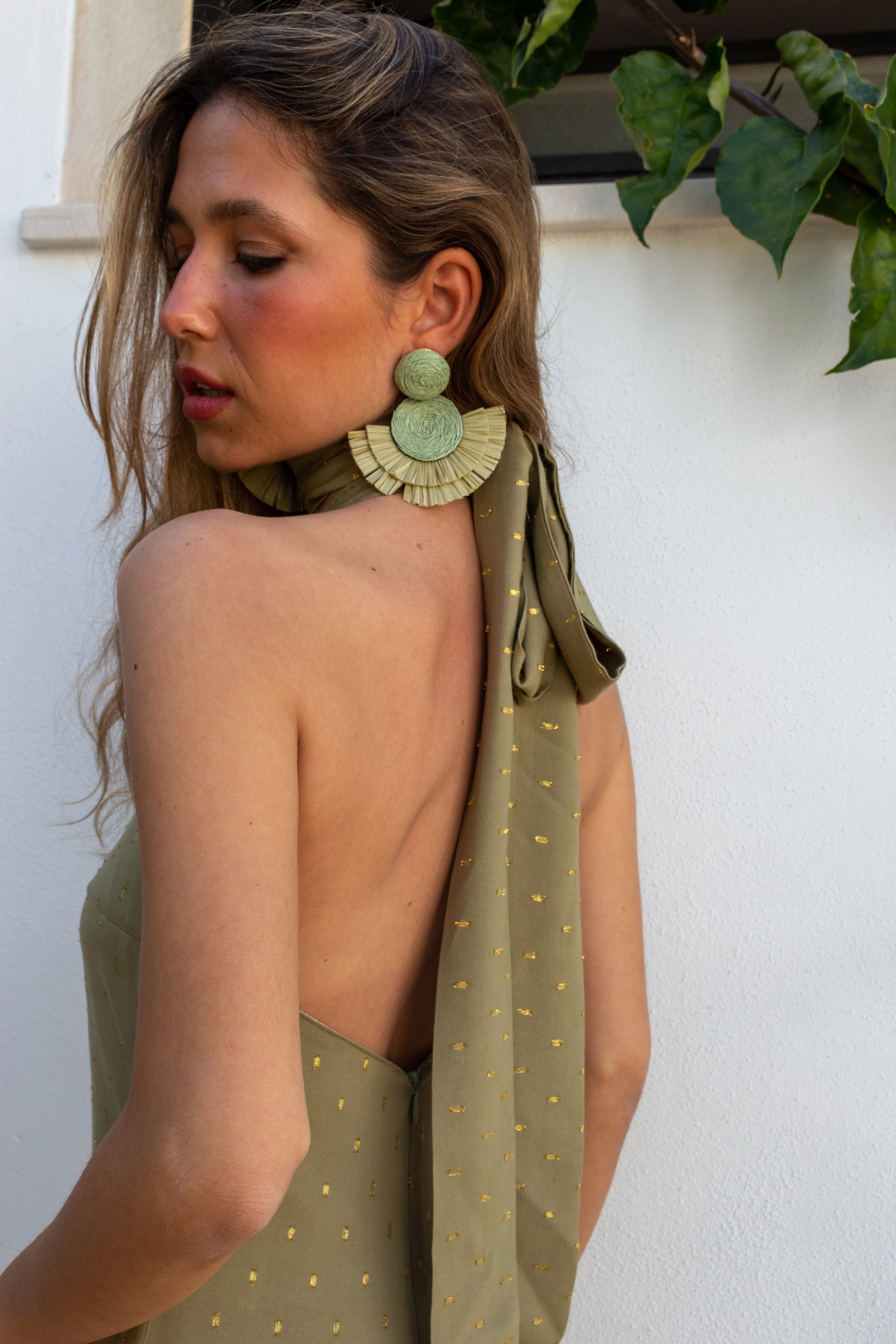 Olive raffia earrings